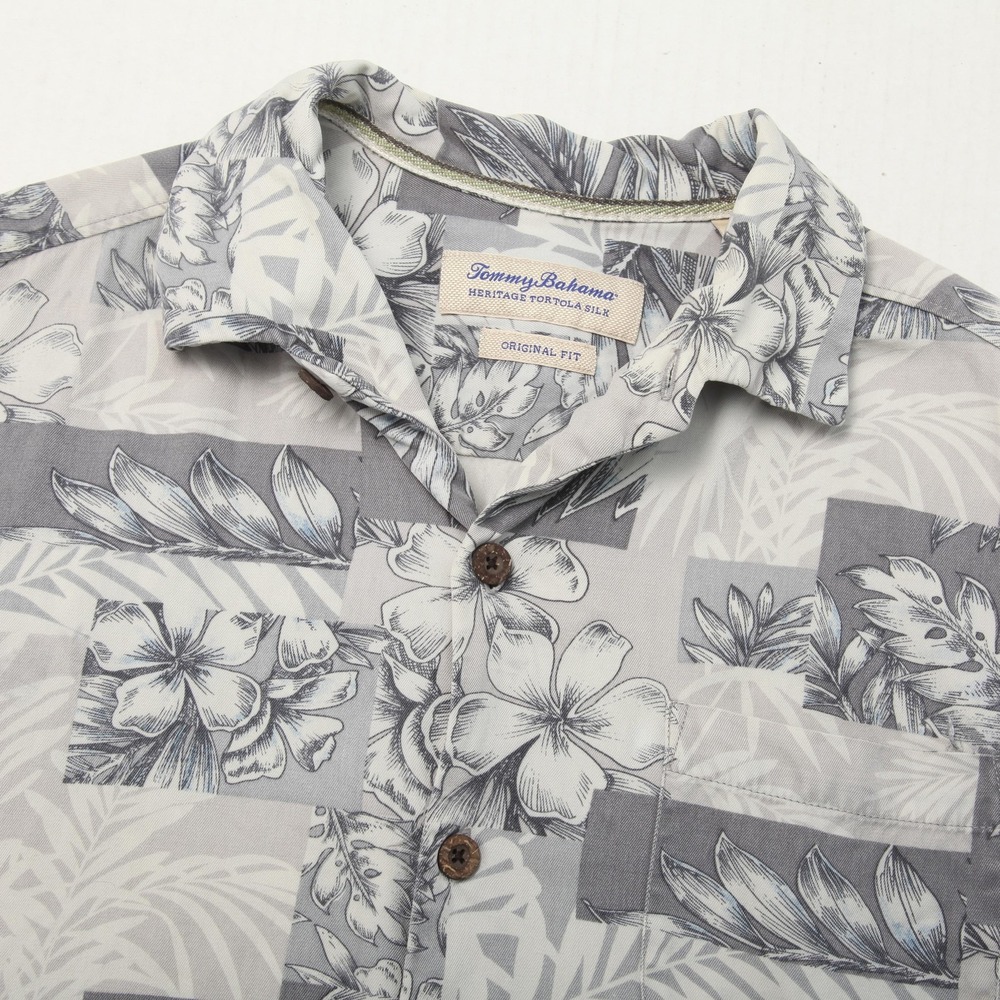 Tommy Bahama Shirt Mens Large Gray Heritage Tortola Silk Floral Hawaiian Aloha